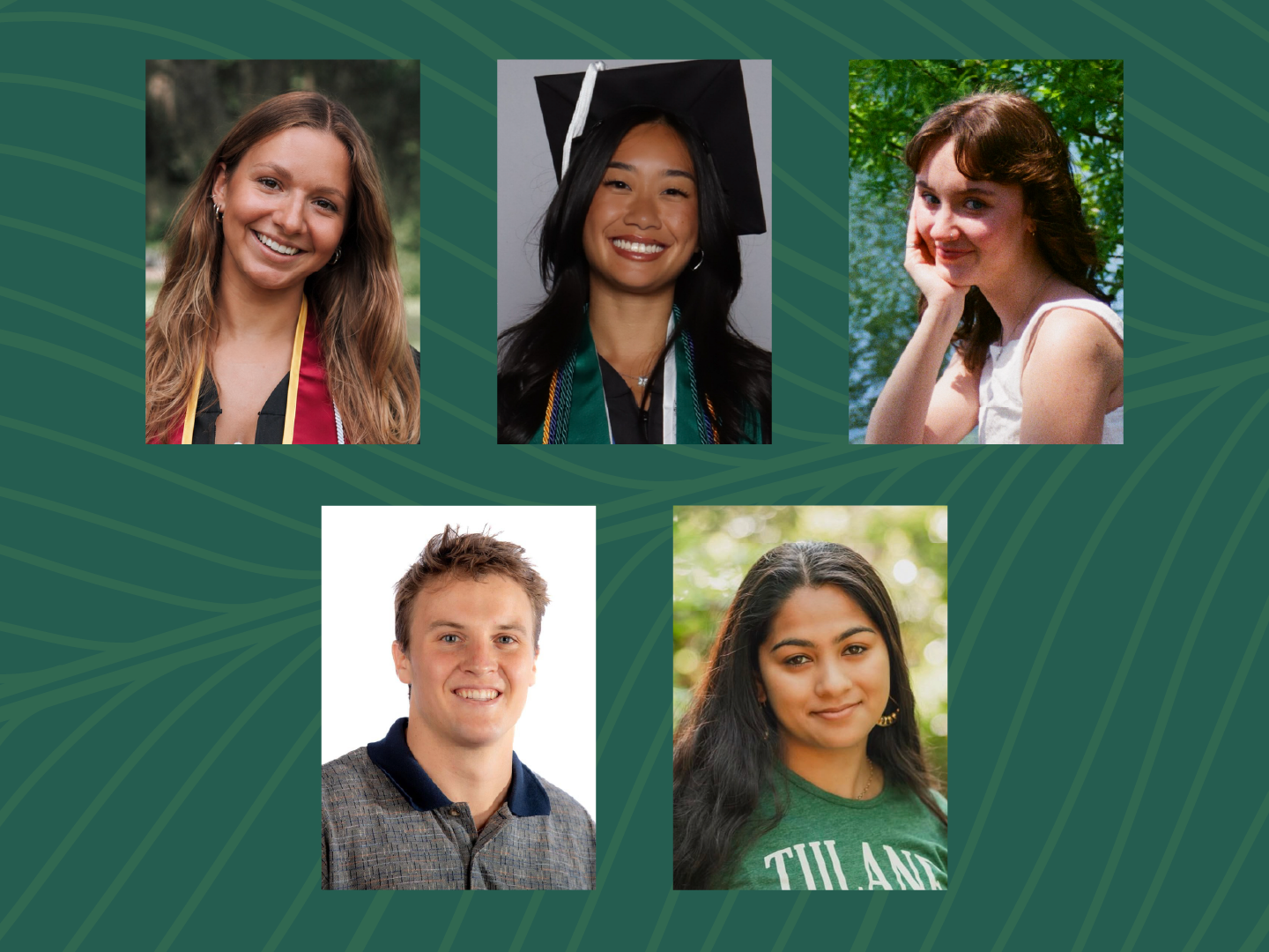 Five headshots of the following students: Marie Howard, Crystal Ni, Mary Evelyn White, Aidan McCahill, and Shadie Shrestha.